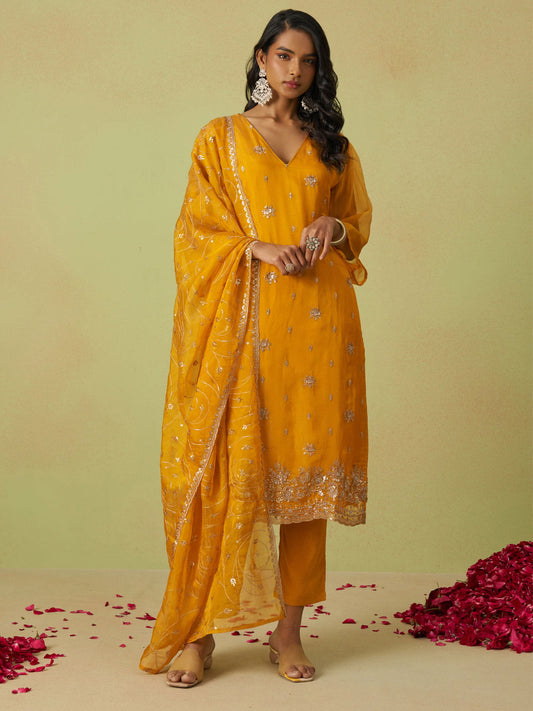 Yellow Pure Shimmer Organza Embroidered Kurta Set with Pant and Dupatta