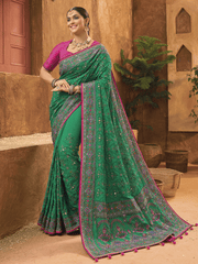 Enticing Green Mirror Work Banarasi Silk Saree With Blouse