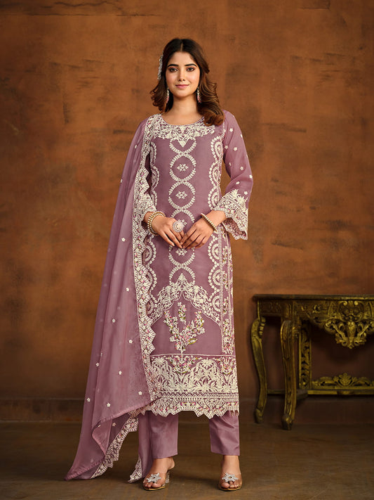 Mauve Embroidered Festive-Wear Straight-Cut-Suit