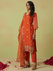 Rust Pure Shimmer Organza Embroidered Kurta Set with Pant and Dupatta