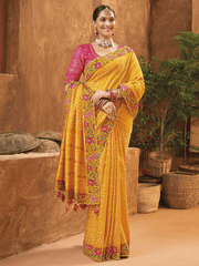 Yellow Hand Work Embroidered Traditional Banarasi Silk Saree