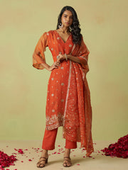 Rust Pure Shimmer Organza Embroidered Kurta Set with Pant and Dupatta