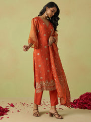 Rust Pure Shimmer Organza Embroidered Kurta Set with Pant and Dupatta