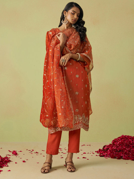 Rust Pure Shimmer Organza Embroidered Kurta Set with Pant and Dupatta