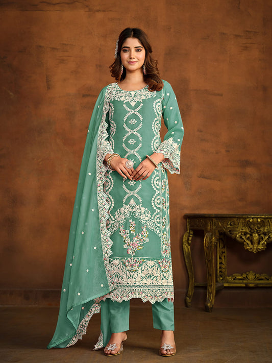 sea Green Embroidered Partywear Straight-Cut-Suit