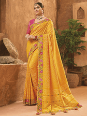 Yellow Hand Work Embroidered Traditional Banarasi Silk Saree