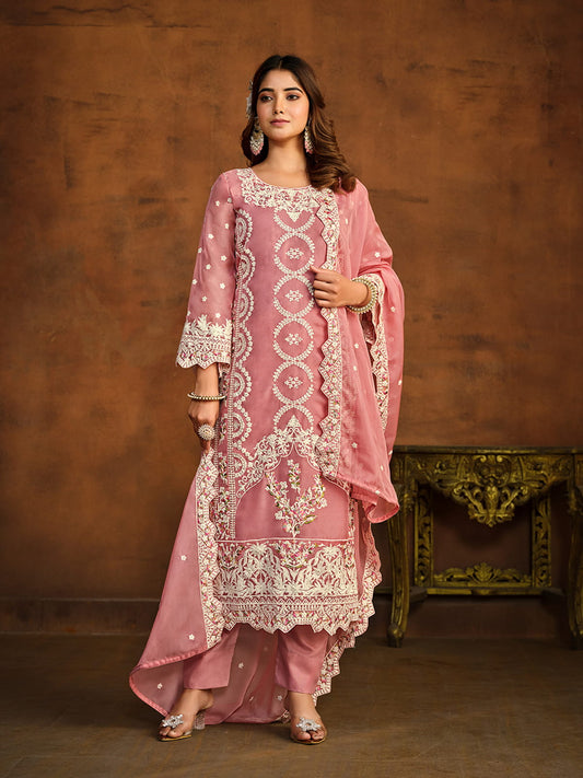 Pink Embroidered Festive-Wear Straight-Cut-Suit