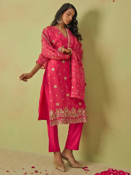 Hot Pink Pure Shimmer Organza Embroidered Kurta Set with Pant and Dupatta