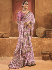 Attractive Pink Mirror Work Banarasi Silk Function Wear Saree With Blouse