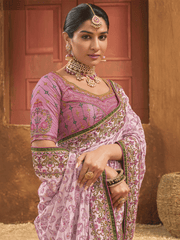 Attractive Pink Mirror Work Banarasi Silk Function Wear Saree With Blouse