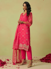 Hot Pink Pure Shimmer Organza Embroidered Kurta Set with Pant and Dupatta