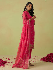 Hot Pink Pure Shimmer Organza Embroidered Kurta Set with Pant and Dupatta