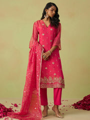 Hot Pink Pure Shimmer Organza Embroidered Kurta Set with Pant and Dupatta