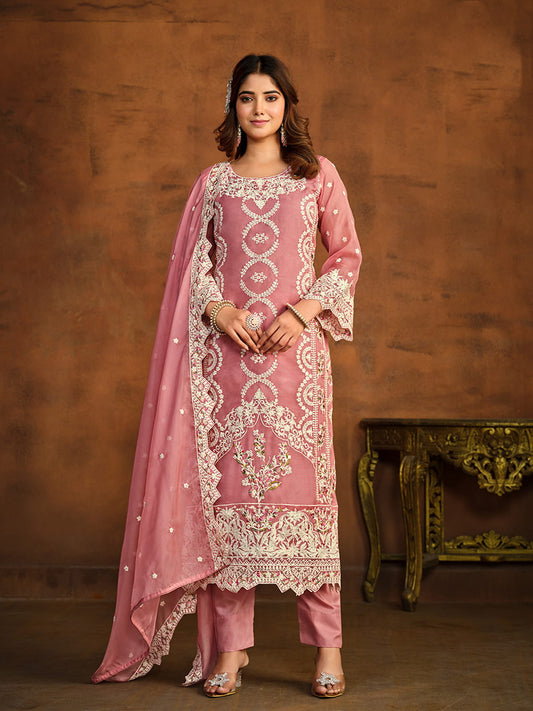 Pink Embroidered Festive-Wear Straight-Cut-Suit