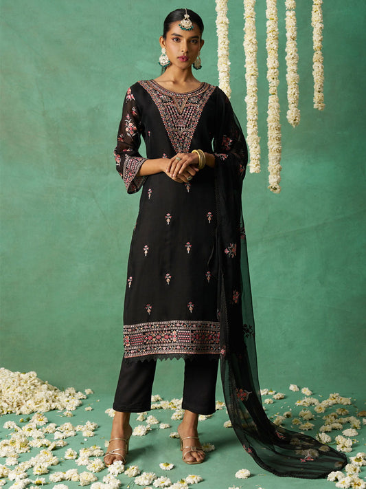 Black Organza Embroidered Kurta Set