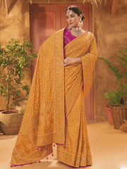 Fascinating Mustard Yellow Mirror Work Banarasi Silk Saree With Blouse