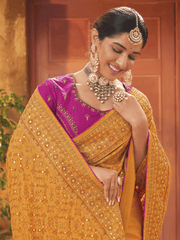 Fascinating Mustard Yellow Mirror Work Banarasi Silk Saree With Blouse