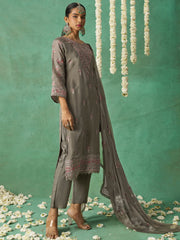 Grey Organza Embroidered Kurta Set