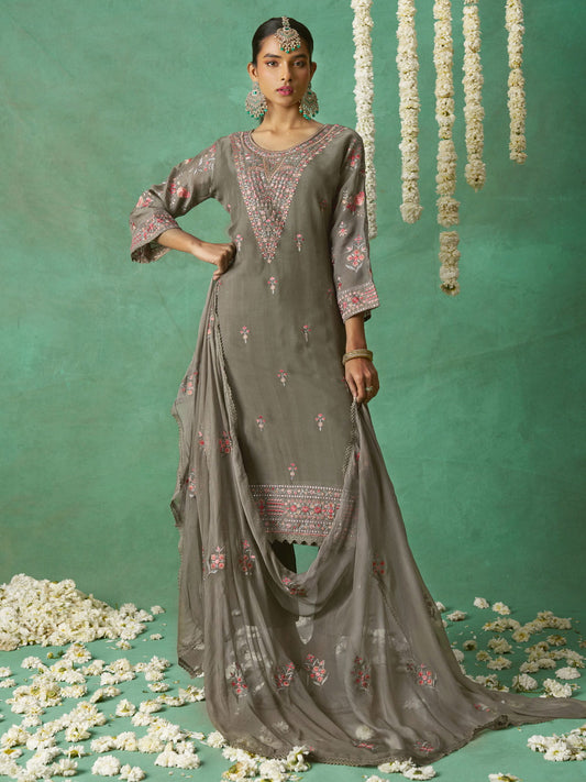 Grey Organza Embroidered Kurta Set