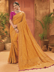 Fascinating Mustard Yellow Mirror Work Banarasi Silk Saree With Blouse