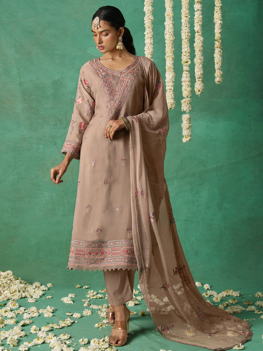 Brown Organza Embroidered Kurta Set