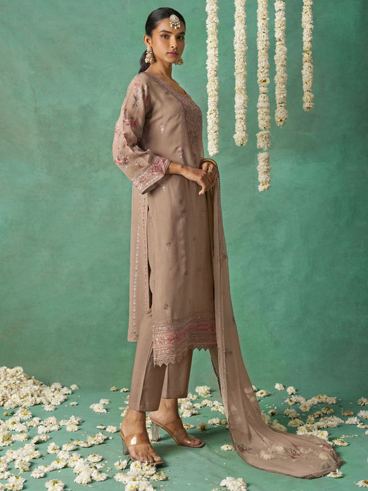 Brown Organza Embroidered Kurta Set