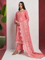 Pink 3 Piece Embroidered Organza Kurta Set