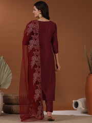 Maroon Floral Zari Embroidered Kurta With Trouser & Dupatta