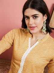 Mustard Yellow Ethnic Motifs Printed Pure Cotton Straight Kurta With Palazzo