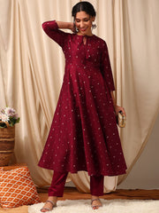 Maroon Ethnic Motifs Printed Tie-Up Neck Anarkali Kurta