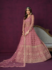 Pink Net Partywear Anarkali-Suit