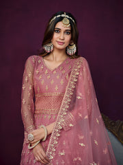 Pink Net Partywear Anarkali-Suit