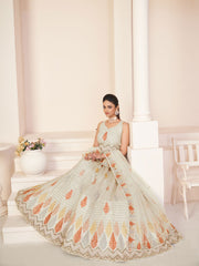 Cream Net Embroidered Lehenga Choli