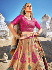 Pink And Yellow Embroidery Wedding Lehenga Choli