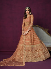 Peach Net Partywear Anarkali-Suit