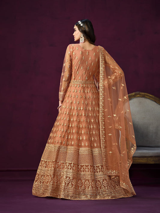 Peach Net Partywear Anarkali-Suit