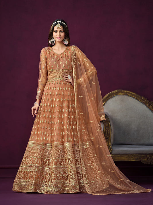 Peach Net Partywear Anarkali-Suit