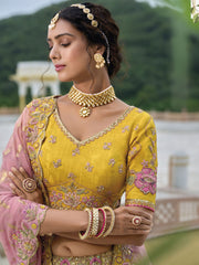 Yellow And Pink Heavy Embroidered Designer Lehenga Set