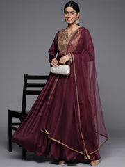 Women Burgundy Yoke Design Satin Anarkali Kurta