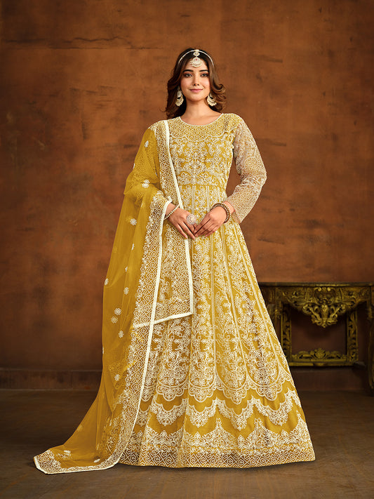 Yellow Net Partywear Anarkali-Suit