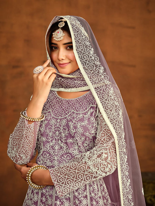 Mauve Net Partywear Anarkali-Suit