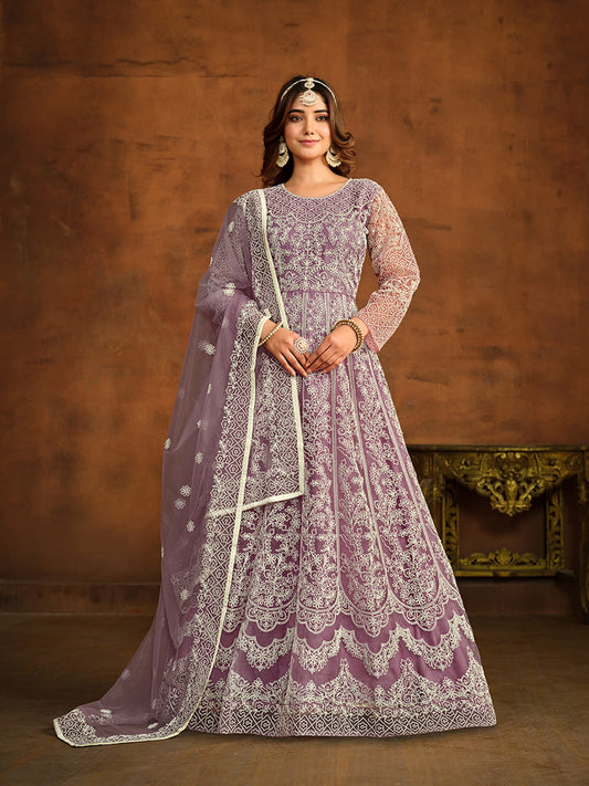 Mauve Net Partywear Anarkali-Suit