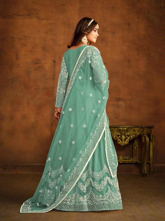 Green Net Partywear Anarkali-Suit