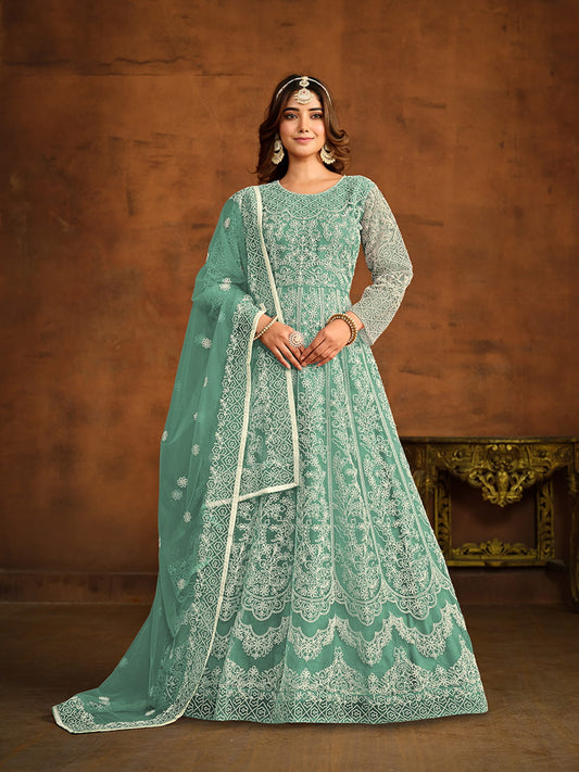 Green Net Partywear Anarkali-Suit