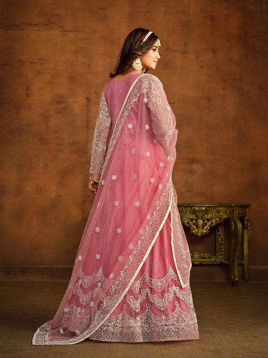 Pink Net Partywear Anarkali-Suit