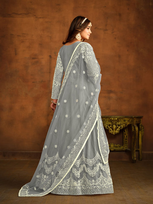 Grey Net Partywear Anarkali-Suit