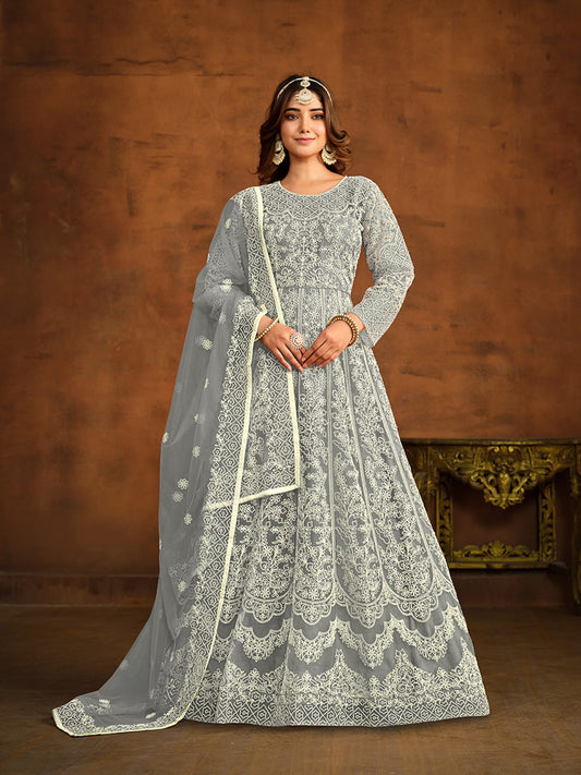 Grey Net Partywear Anarkali-Suit