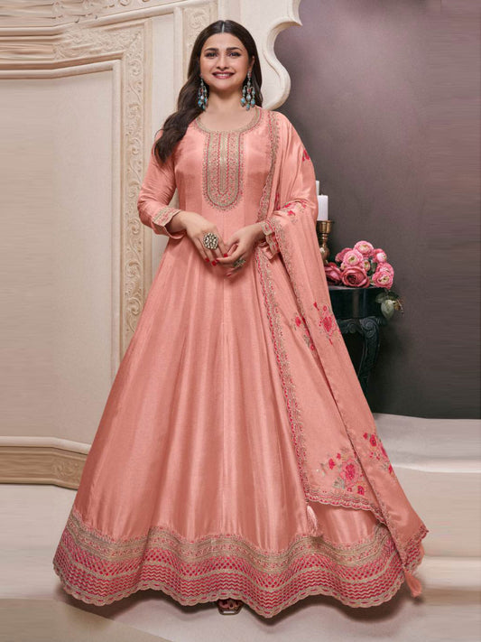 Peach Moonga Silk Embroidered Eid Style Anarkali Suit