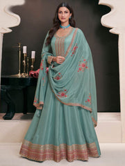 Blue Moonga Silk Embroidered Eid Style Anarkali Suit