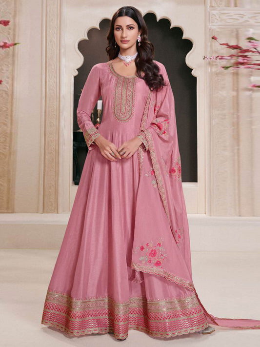 Pink Moonga Silk Embroidered Eid Style Anarkali Suit